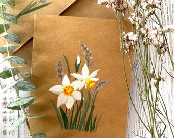 Original, Hand painted, brown greeting card, December birth month flower, narcissus, 4.25”x5.5” card