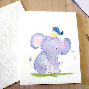 Original Aquarell, handgemaltes Aquarell, Elefant, Baby, Baby, Baby, Karte, Zwillinge, Geburtstag, Babyparty, Babypartykarten 10,5 x 14 cm