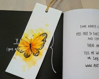 Set of 2- Original hand painted watercolor yellow monarch butterfly  bookmark , handmade, unique gift for a book lover.