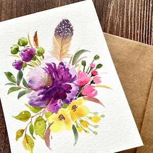 Fiori colorati ad acquerello originali dipinti a mano, peonia viola, anniversario, compleanno, nota di ringraziamento, biglietto di auguri 4,25"x5,5"