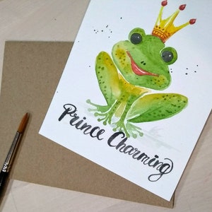 Aquarelle originale peinte à la main grenouille, prince charmant, voeux vierges avec lettres au pinceau, anniversaire d'enfant, carte d'anniversaire drôle 4,25 "x 5,5"