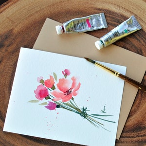 Set van 3_Originele handgeschilderde aquarel/Bloemenbos/lege kaarten/Mis je/Bedankt/Verjaardagskaarten 4,5"x5,5"