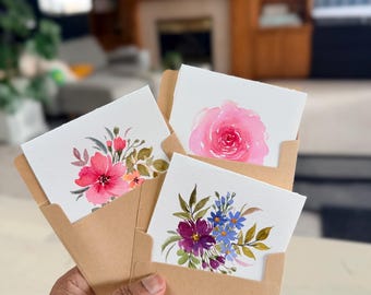 set of 6, Original hand painted watercolor florals Blank mini notecards set, thank you notes, sympathy Notes, gift  notes 3.75” square cards