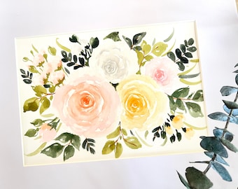 May include: Watercolor painting of a bouquet of pink, white, and yellow roses with green leaves. The roses are painted in a loose, impressionistic style.