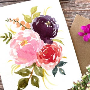 Set van 3_Original, handgeschilderde aquarel roze, oranje, paars, bloemen, blanco groet, verjaardag, vrijgezellenfeest, bedankt, kaarten 4,25" x 5,5"