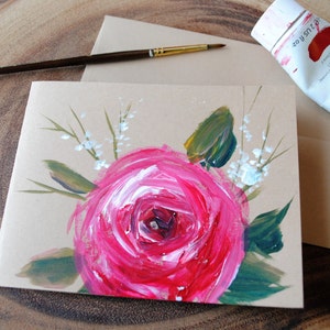 Rosa roja original pintada a mano, San Valentín, aniversario, cumpleaños, boda, tarjeta rústica marrón de 4,25" x 5,5"