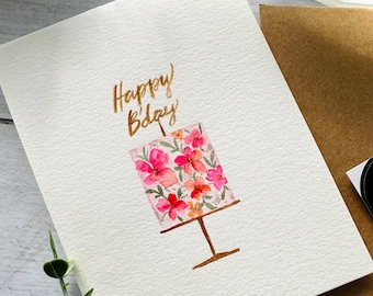 Original Hand painted Watercolor, birthday cake, pink floral, gold, girl s birthday card, blank greeting  card 4.25"x5.5"