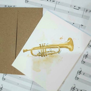 Original Handgemaltes Aquarell, Messing, Musikinstrument, Trompete, Musikliebe, Blankogruß, Dankeschön, Geburtstagskarte 4,5 x 5,5"