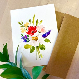 Ramo de flores colorido pintado a mano original en acuarela, aniversario, amor, cumpleaños, día de San Valentín, tarjeta de felicitación de 4,25 x 5,5 pulgadas