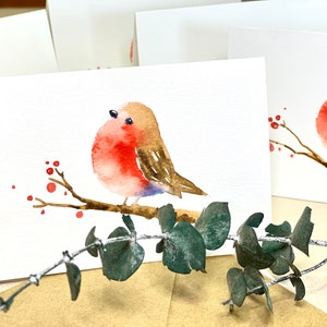 juego de 8, Acuarela original pintada a mano pájaro Robin, Nota de Navidad en blanco, tarjetas de felicitación, notas de regalo 3 "x4.5", sobres marrones A1