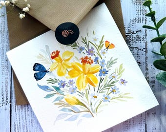 Original Hand painted, watercolor, floral, birthday, sympathy, Thank you, Mother’s Day blank greeting  card 5.75"x5.75"