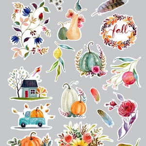 Printable digital sticker sheet 8.5”x11”, Fall themed sticker sheet for bullet journals, planners, watercolor stickers, thanksgiving sticker