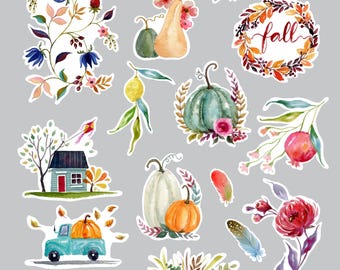Printable digital sticker sheet 8.5”x11”, Fall themed sticker sheet for bullet journals, planners, watercolor stickers, thanksgiving sticker
