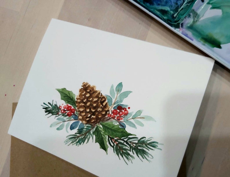 Set of 3 Original watercolor hand painted pine cone holiday greeting cards 4.25x5.5 Christmas decor