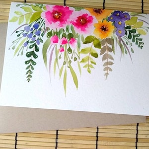 5 x 7 po. Original peint à la main, fleurs aquarelles, voeux vierges, merci, mariage, anniversaire, sympathie, carte d'anniversaire