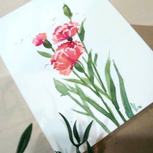 Aquarelle originale peinte à la main, rouge, orange, oeillet, floral, voeux vierges, anniversaire, mois de naissance de janvier, merci, carte 4,25 x 5,5 pouces
