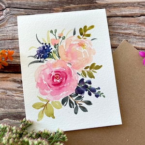 Set van 3_Original, handgeschilderde aquarel roze bloemen, lege groet, beterschap, verjaardag, bruids douche groet, kaarten 4,25 "x 5,5"