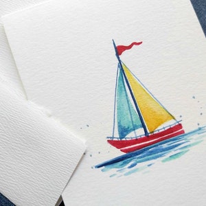 Bateau à voile original peint à la main, premier anniversaire, anniversaire des garçons, nautique, anniversaire de l’enfant, cartes de garçon nouveau-né, 4.25 « x5.5 »