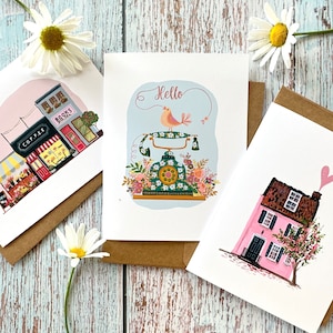 juego de 3: mezcle y combine tarjetas de felicitación impresas tamaño A2, casa rosa, cafetería, teléfono antiguo, hola, cumpleaños, gracias 4,25"x5,5"