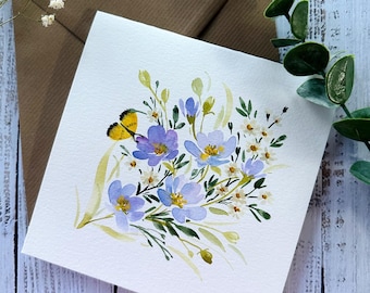 Original Hand painted, watercolor, floral, birthday, sympathy, Thank you, Mother’s Day blank greeting  card 5.75"x5.75"