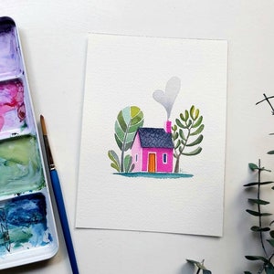 5"x7" Oryginalna ręcznie malowana akwarela, słodki dom, miłość, różowy, dekoracja wejścia, prezent na parapetówkę, radosny wystrój domu, sztuka ścienna
