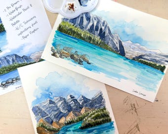 Watercolor Postcard Painting Kit, Alberta Lake Scenes, Beginner Art Activity, travel painting kit