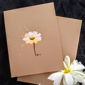 Juego de 3-Original pintado a mano margarita blanca, floral, gracias, saludo en blanco cards_ 4.5 "x 5.5" - Marrón rústico