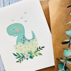 Original hand painted  watercolor Dinosaur blank greeting,baby boy, Kid's Birthday, first birthday, newborn card 4.25"x5.5"