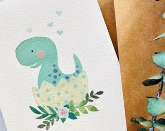 Original hand painted  watercolor Dinosaur blank greeting,baby boy, Kid's Birthday, first birthday, newborn card 4.25"x5.5"