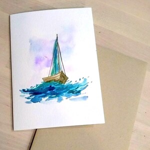オリジナルの手描きの帆船の空白の挨拶、ありがとう、ボンボヤージュカード 5"x7"