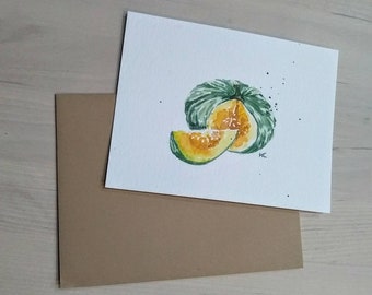 Original hand painted Watercolor pumpkin , kitchen art, blank greeting, Thanksgiving, Thank you card 4.25"x5.5"