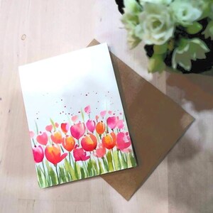 Lot de 3 aquarelles originales peintes à la main, orange, tulipes roses, fleurs, merci, anniversaire, voeux vierges, carte de Pâques 4,25 x 5,5 pouces