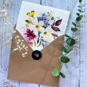 Original Hand painted, watercolor, floral, birthday, sympathy, Thank you blank greeting  card 5.75"x5.75"