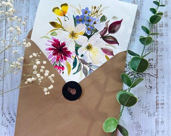 Original Hand painted, watercolor, floral, birthday, sympathy, Thank you blank greeting  card 5.75"x5.75"