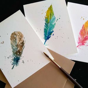 Lot de 3, Original peint à la main Aquarelle plumes vierges salutation, anniversaire, sympathie, Nature, Cartes de remerciement 4.5 « x5.5 »