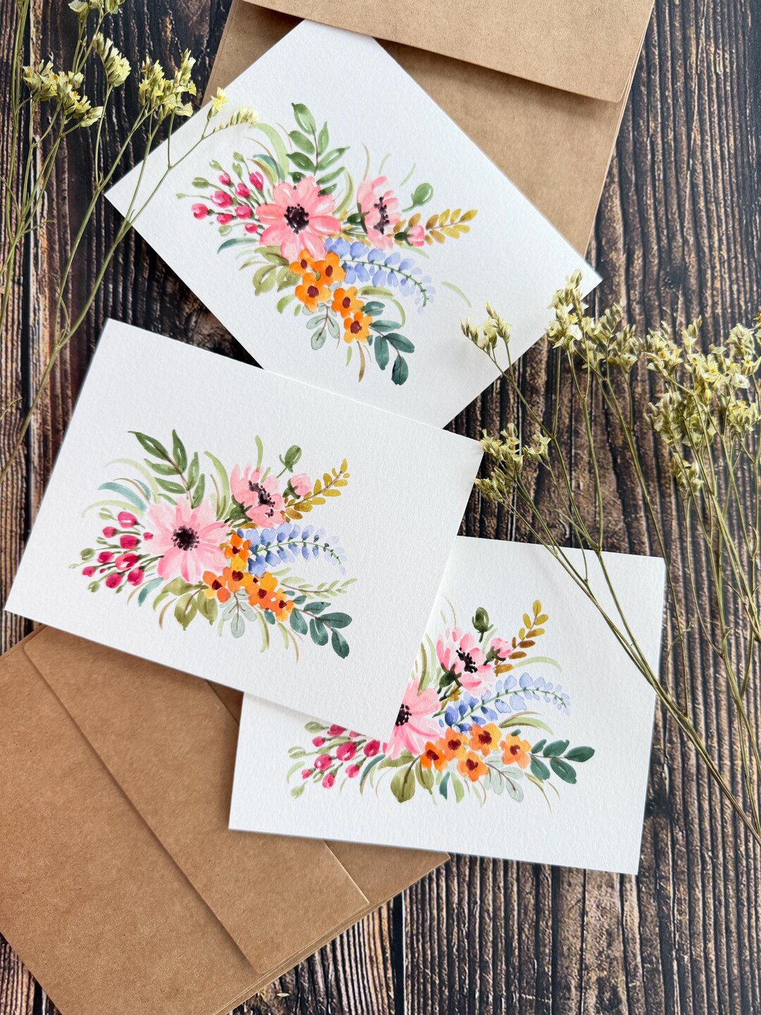 Set of 3 Original Hand Painted Watercolor Florals Blank Greeting Cards ...
