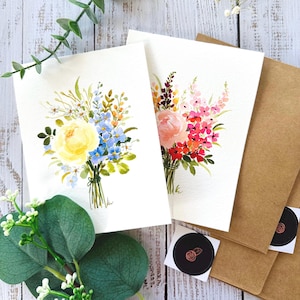 Lot de 2 bouquets de fleurs colorés aquarelles originaux peints à la main, anniversaire, amour, anniversaire, Saint-Valentin, cartes de voeux 4,25 x 5,5 pouces