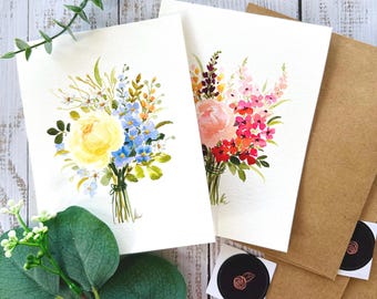 Set of 2- Original Hand painted Watercolor colourful Flower bouquet, Anniversary, Love, birthday, Valentines day, greeting cards 4.25"x5.5"