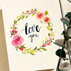 Set van 3_Originele handgeschilderde aquarel bloemenrozen krans / love you /valentine /lege groet / / verjaardag / bedankkaarten 4,5 x 5,5"