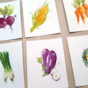 Set of 6-Original Hand painted watercolor, vegetables art cards, carrot, beet, pumpkin , corn, kitchen , 4.25"x5.5"