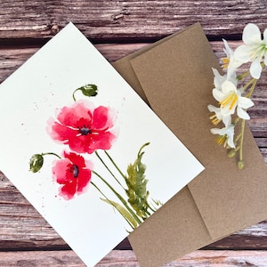 Ensemble de 3_Original aquarelle peinte à la main Floral, coquelicot rouge, coquelicot du souvenir, Salutation vierge, Guérissez bientôt, Cartes de remerciement 4.5"x5.5 »