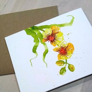 Aquarelle originale peinte à la main, orchidée jaune, fleur, anniversaire, merci, carte de voeux vierge 4,25 "x 5,5"