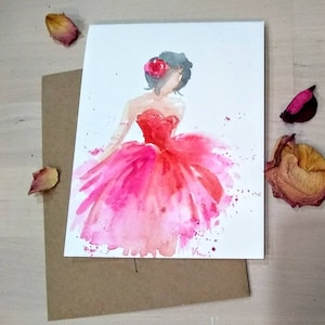 Original Hand painted Watercolor, Ballerina, pink dancing girl, flemingo girl, blank greeting  card 4.25"x5.5"