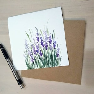 Original pintado a mano, acuarela, floral, lavanda, cumpleaños, simpatía, tarjeta de felicitación en blanco 4.75 "x4.75"