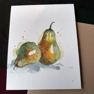 Origineel handgeschilderd aquarel paar groene peren, fruit, keukenkunst, blanco groet, bruiloft, bedankt, bedankkaart 4,5 x 5,5
