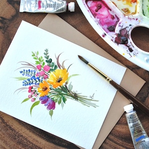 Lot de 3, Aquarelle originale peinte à la main, Bouquet de fleurs, Floral, Salutation vierge, Guérir bientôt, Anniversaire, sympathie, Merci 4,25 x 5,5 pouces