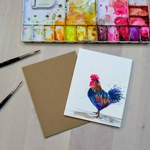 Original Handgemaltes Aquarell, Hahn, Küchenkunst, Geburtstagskarte, Tierkunst, blanko Grußkarte 14,5x14 cm