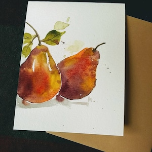 Aquarelle originale peinte à la main de poires, fruits, art de la cuisine, voeux vierges, mariage, remerciement, carte de remerciement 4,5 x 5,5 pouces