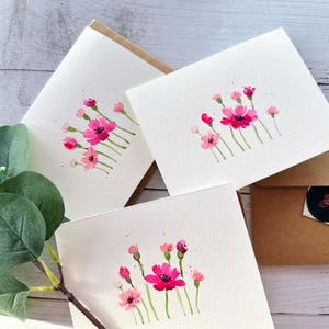 Lot de 3, aquarelle originale peinte à la main, violet, magenta, cosmos, floral, merci, voeux vierges, carte de Pâques 4,5 x 5,5 pouces