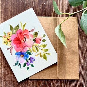 Aquarelle originale peinte à la main de fleurs colorées, pivoine rose, anniversaire, anniversaire, remerciement, carte de voeux 4,25 "x 5,5"
